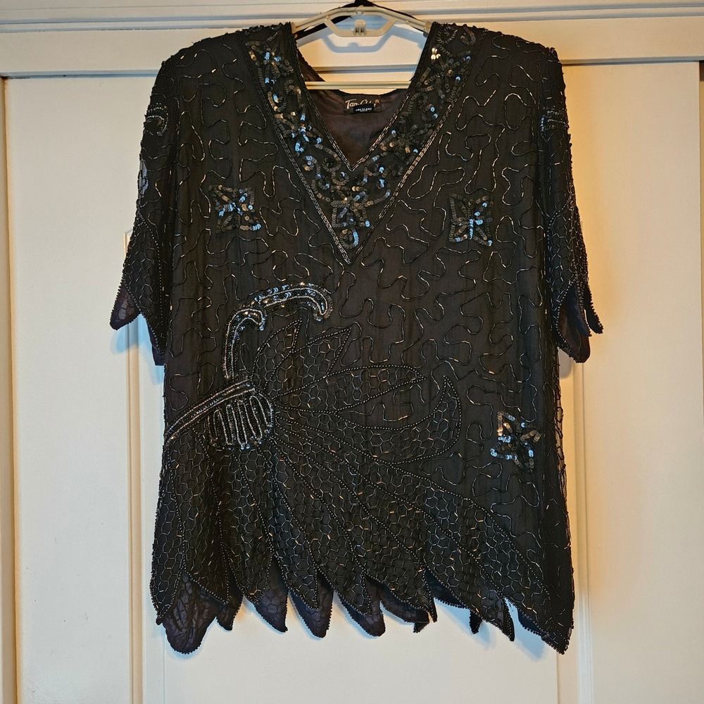 Vtg Tan-Chho Beaded Silk Blouse Size 3X Black Sequin‎ Whimsigoth Witchy V-Neck